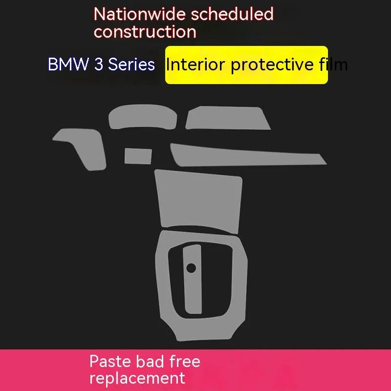Transparent TPU protective film kit for BMW 3 Series dashboard and centre console.