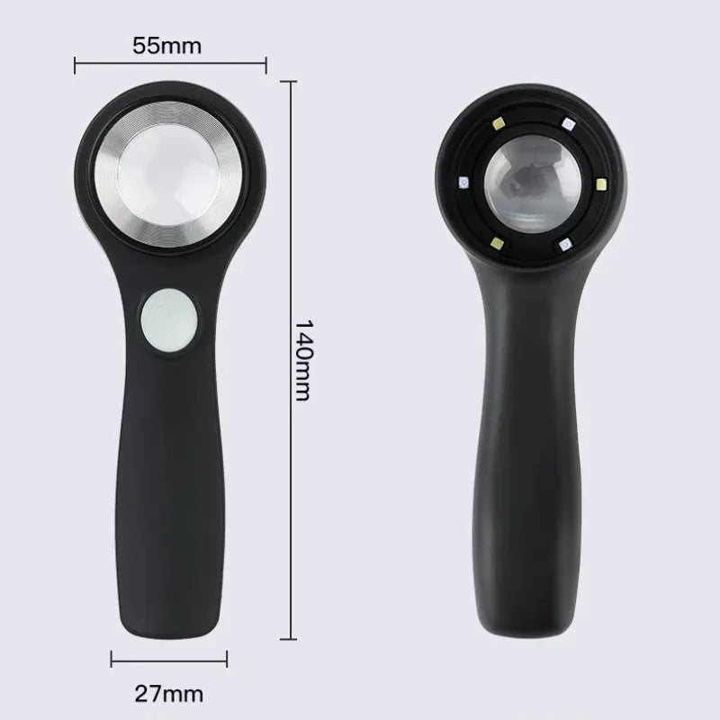 Black and silver jewellery tobacco alcohol appraisal magnifying glass with optical glass lens and USB-C cable