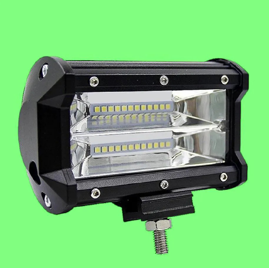 5-inch black die-cast aluminium LED work light with dual-row LEDs and bracket for off-road vehicle mounting.