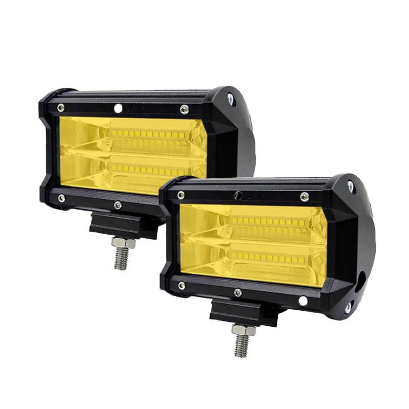 5-inch black die-cast aluminium LED work light with dual-row LEDs and bracket for off-road vehicle mounting.