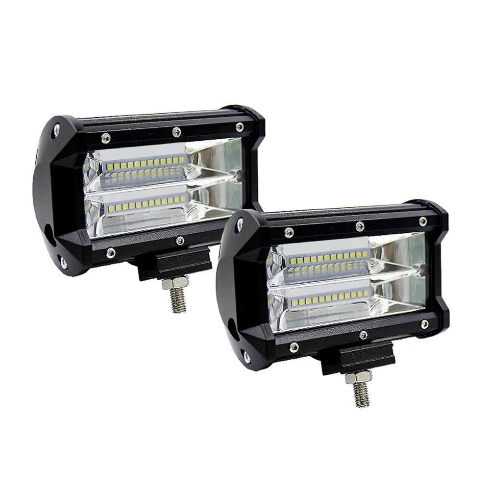 5-inch black die-cast aluminium LED work light with dual-row LEDs and bracket for off-road vehicle mounting.