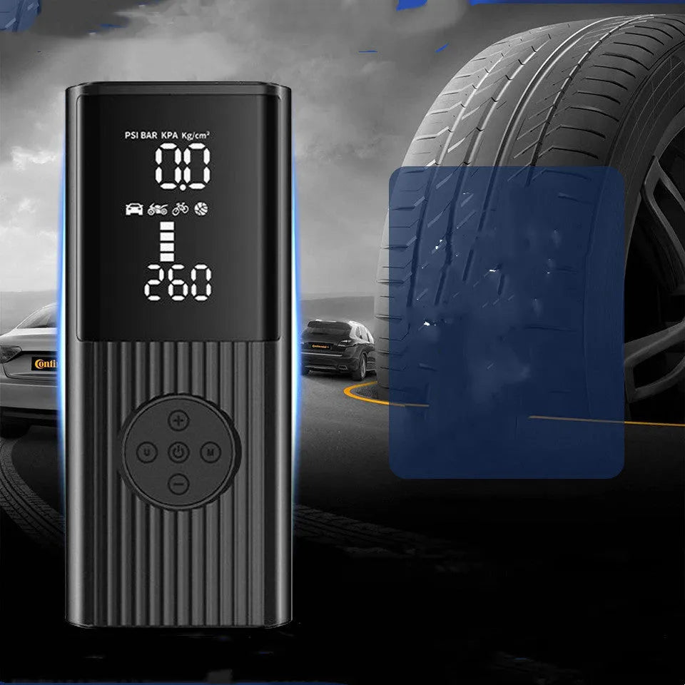 Wireless portable car tyre air compressor with digital display, LED light, and USB port on black ABS housing.