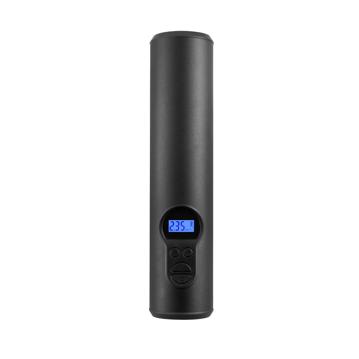 Wireless portable car tyre air compressor with digital display, LED light, and USB port on black ABS housing.