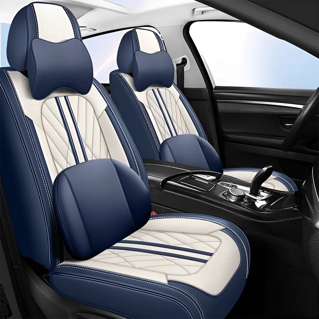 Set of five car seat cushions in synthetic leather, showing one of 17 available colour options like black, blue, or beige.