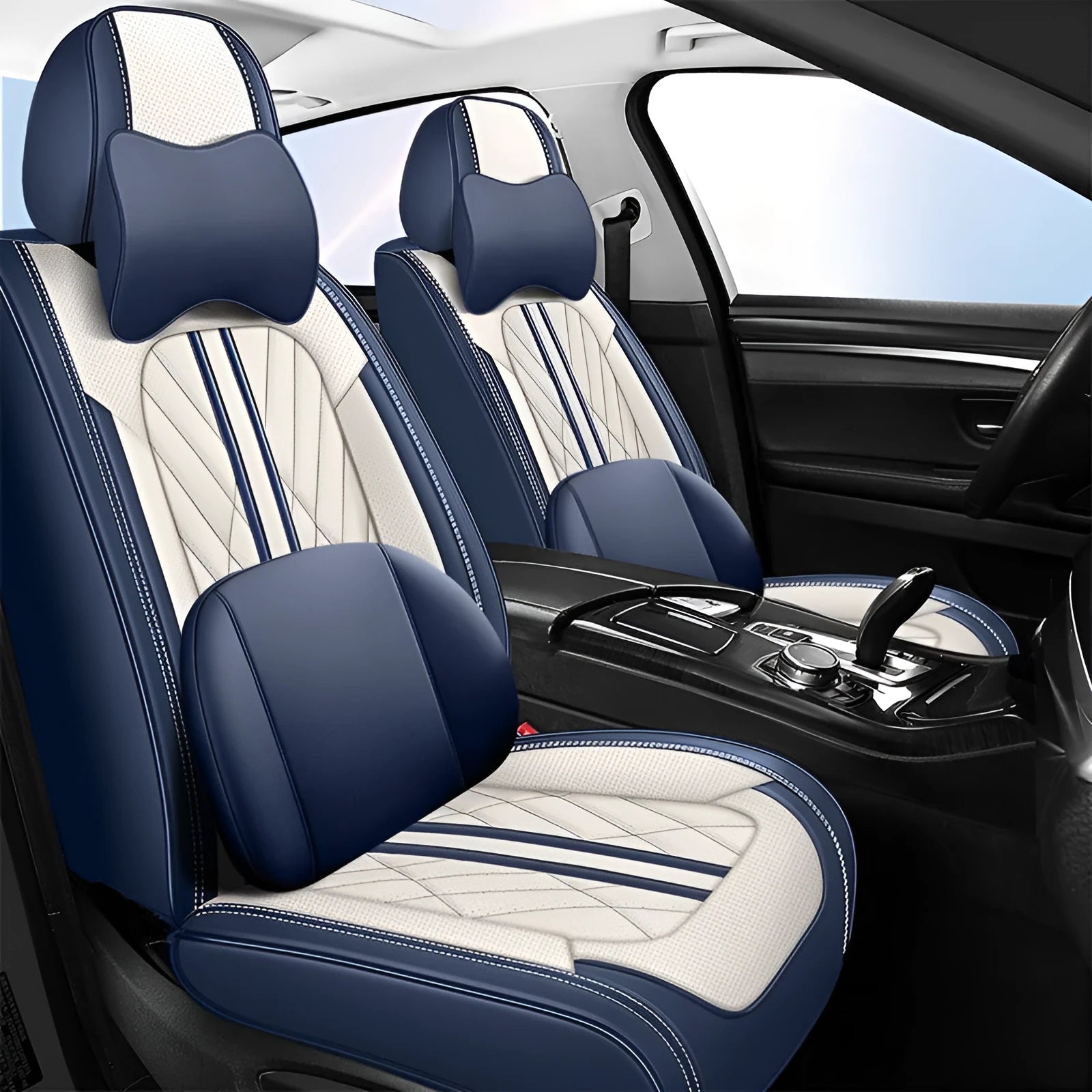 Set of five car seat cushions in synthetic leather, showing one of 17 available colour options like black, blue, or beige.