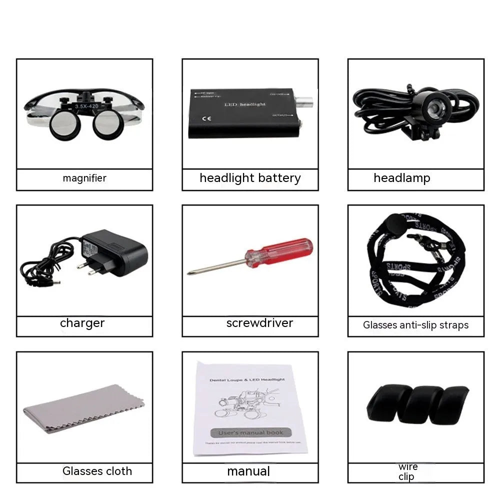 Black head-mounted dental magnifying glasses with LED headlight on adjustable plastic frame