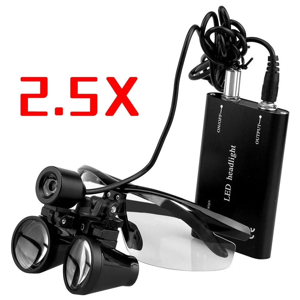 Black head-mounted dental magnifying glasses with LED headlight on adjustable plastic frame