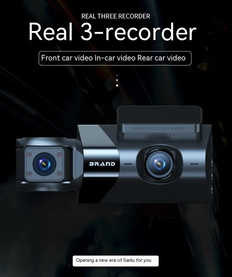 Black car dash camera with 5 inch screen showing GPS map and road recording display.