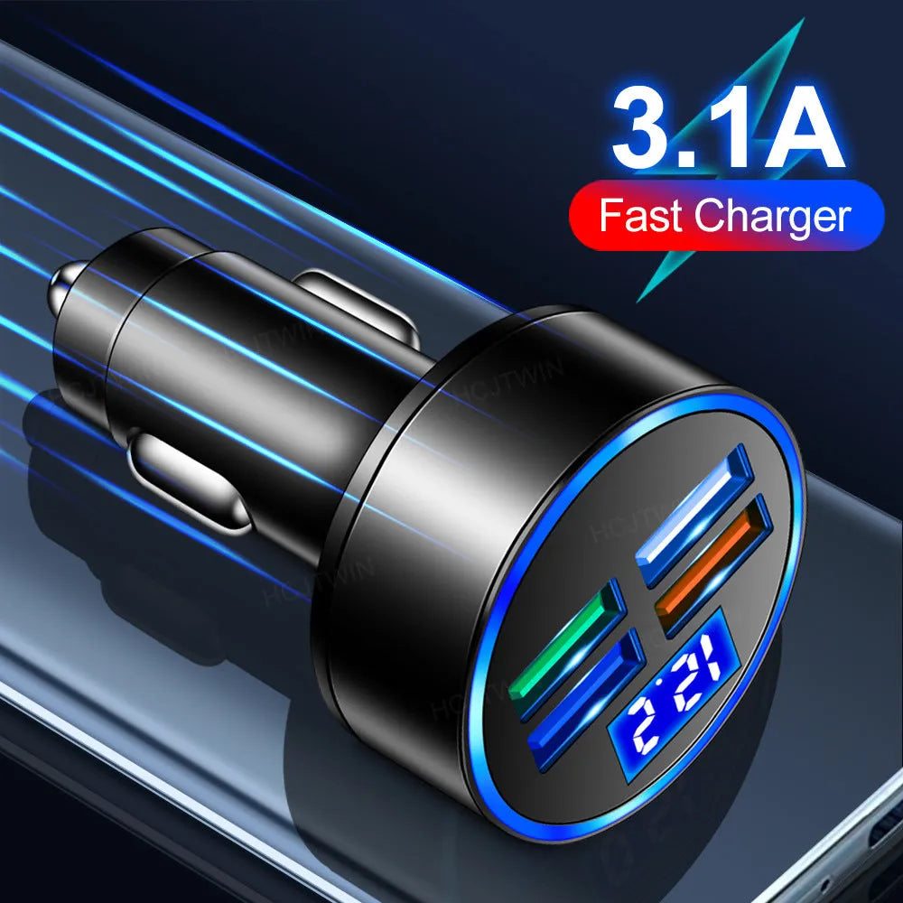 Black 4-port USB car charger with cigarette lighter connection for vehicle charging