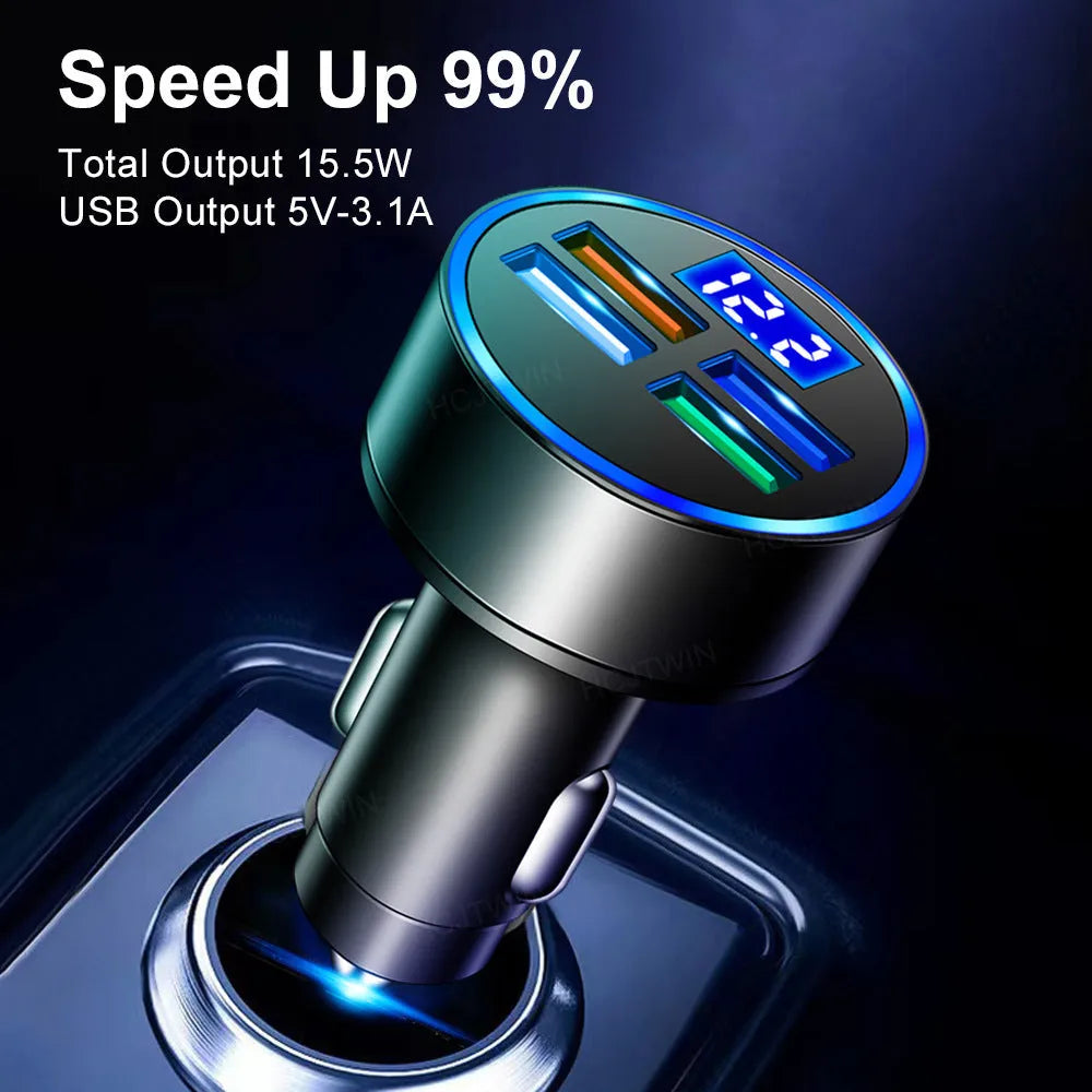 Black 4-port USB car charger with cigarette lighter connection for vehicle charging