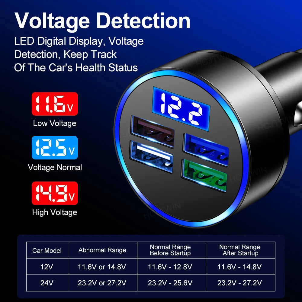 Black 4-port USB car charger with cigarette lighter connection for vehicle charging