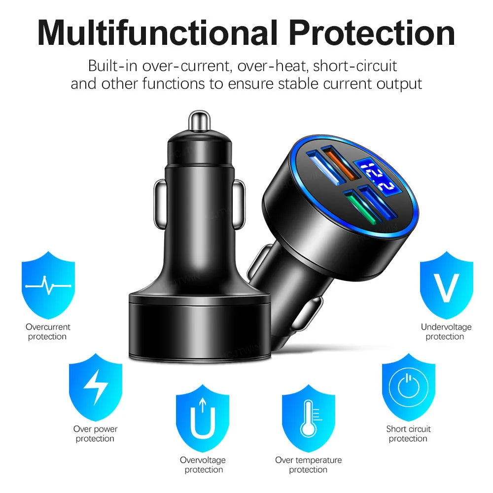 Black 4-port USB car charger with cigarette lighter connection for vehicle charging