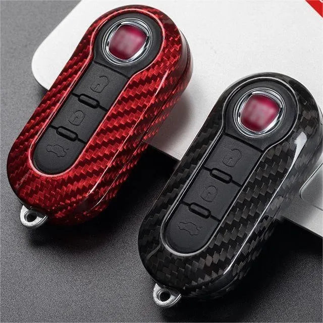 Xiaomi car key replacement shell in carbon fibre black, glass fibre red, and glass fibre silver-black finishes.