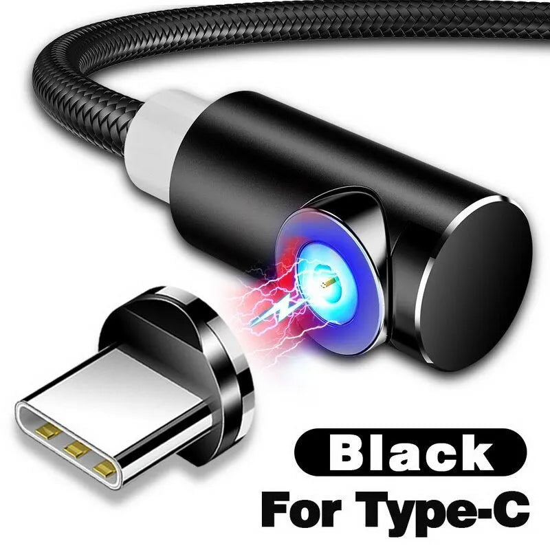 Black magnetic charging cable with aluminium connectors for Micro USB, Type C, and Apple devices.