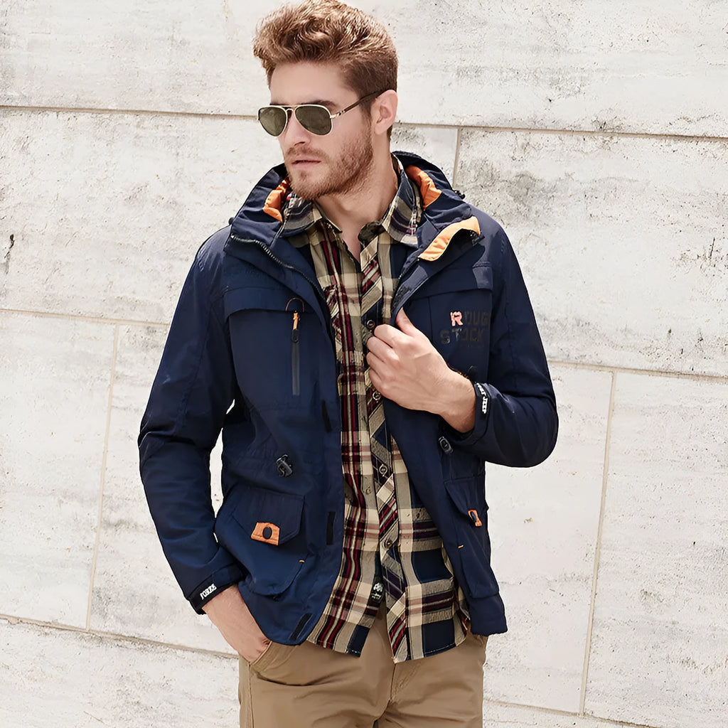 Men's waterproof nylon jacket with hood and stand collar in black, blue, green, khaki