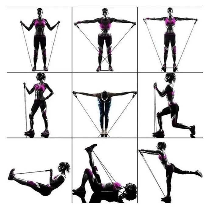 Rally resistance band set with latex ropes handles foot rings and door buckle on black storage bag