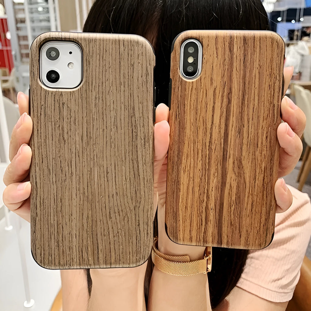 Slim wooden iPhone back cover in genuine bamboo or rosewood, showing natural grain, compatible with iPhone 11 Pro.