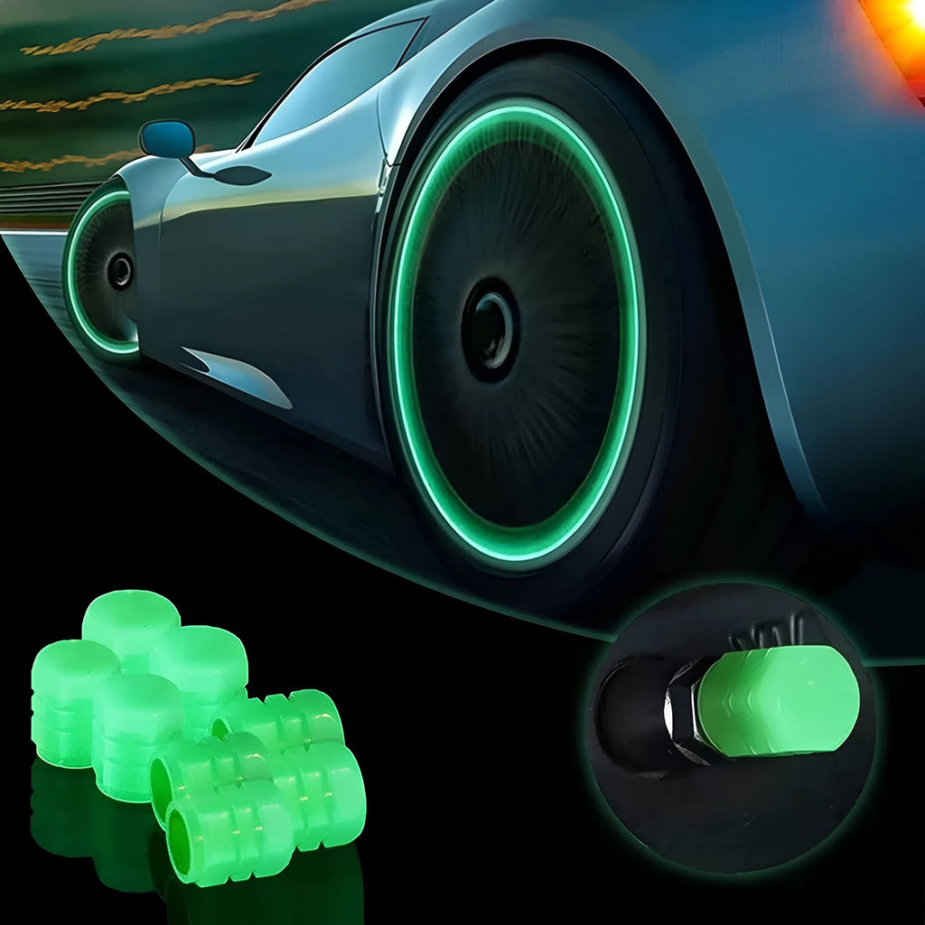 Set of luminous green and blue rubber tyre valve caps on a tyre valve stem.