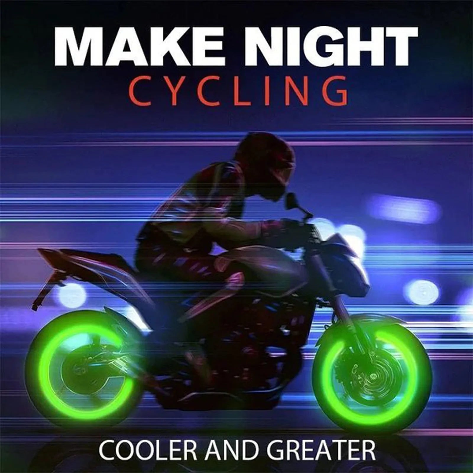 Set of luminous green and blue rubber tyre valve caps on a tyre valve stem.