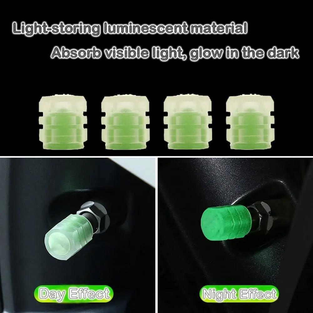 Set of luminous green and blue rubber tyre valve caps on a tyre valve stem.