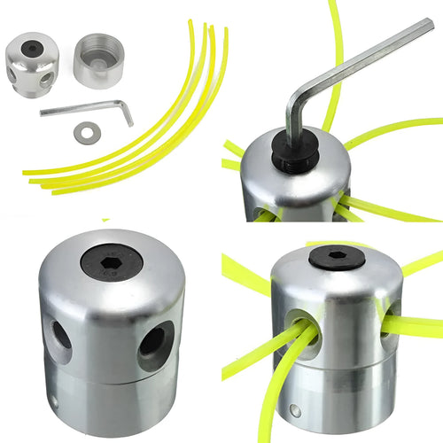 Silver aluminium lawn mower grass trimmer head with four light yellow square cords and a wrench