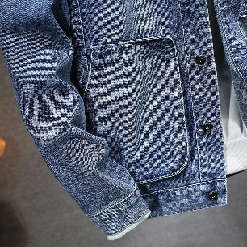 Men's trendy hooded denim jacket in light blue with slim fit, cotton lining, and size stick pockets