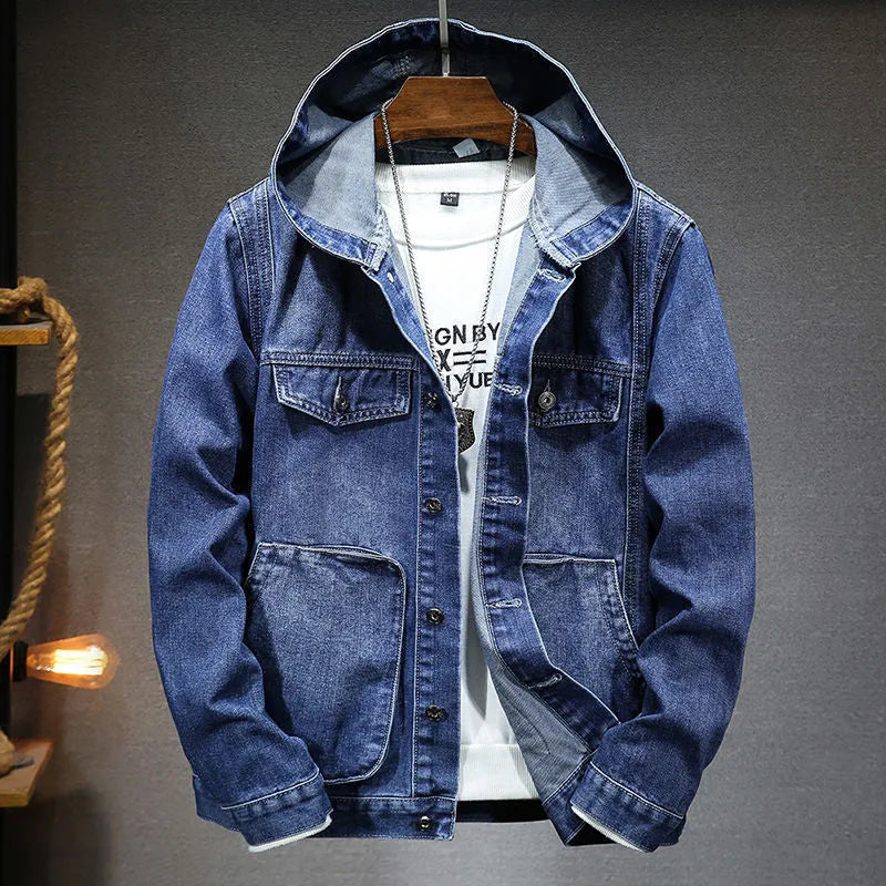 Men's trendy hooded denim jacket in light blue with slim fit, cotton lining, and size stick pockets
