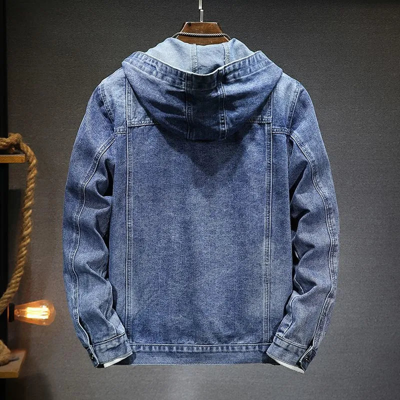 Men's trendy hooded denim jacket in light blue with slim fit, cotton lining, and size stick pockets