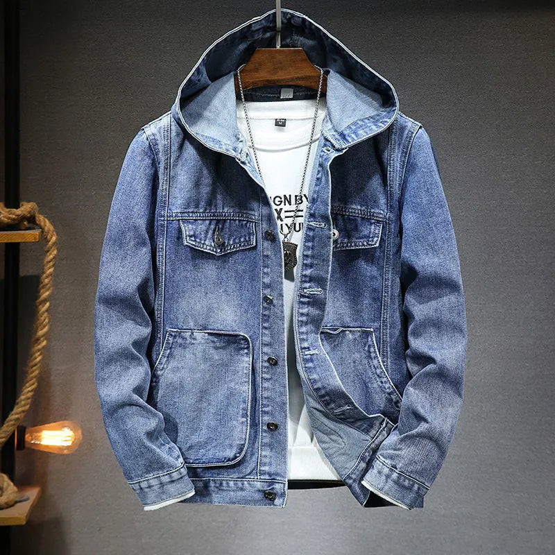 Men's trendy hooded denim jacket in light blue with slim fit, cotton lining, and size stick pockets