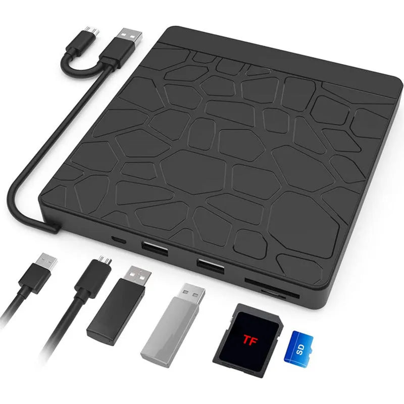 Black 5-in-1 external optical drive for notebook computer with dual interface, size 15.4x14.3x1.8cm