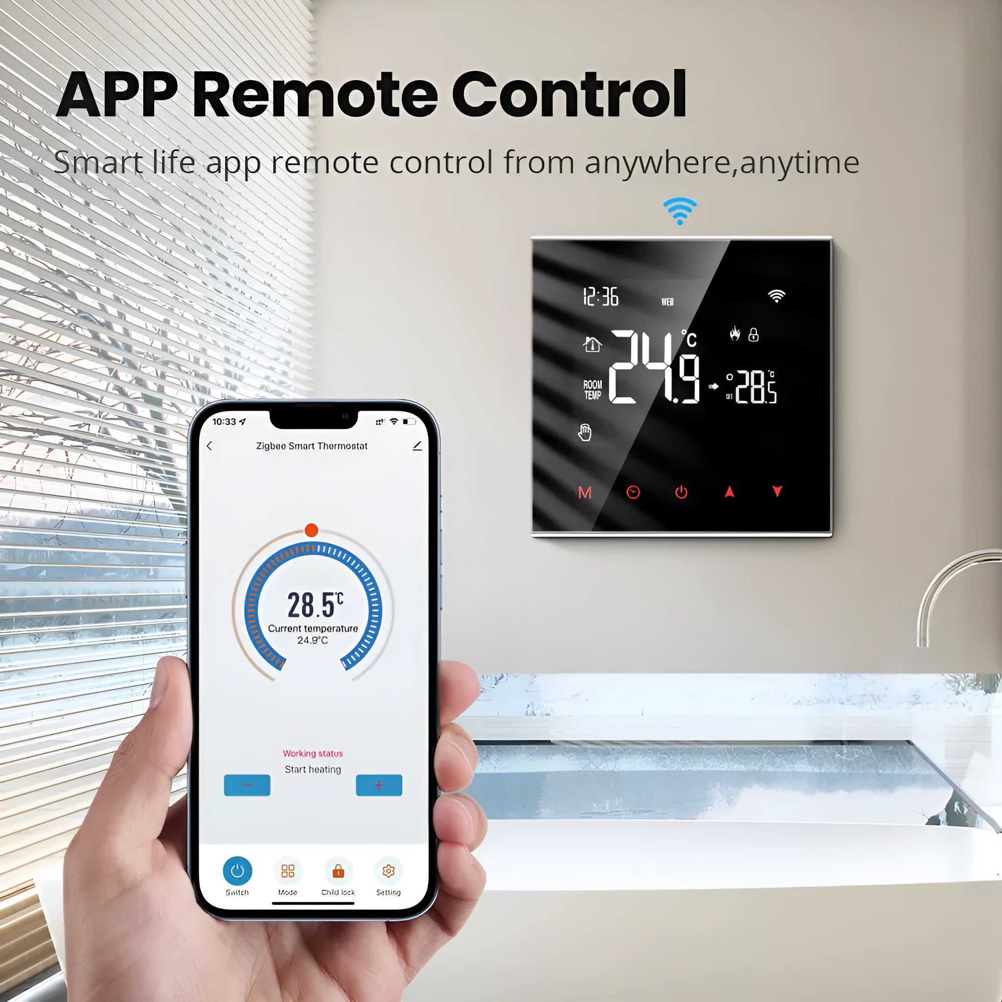Black plastic smart temperature controller 86x65x30mm for floor heating and wall-hanging stove