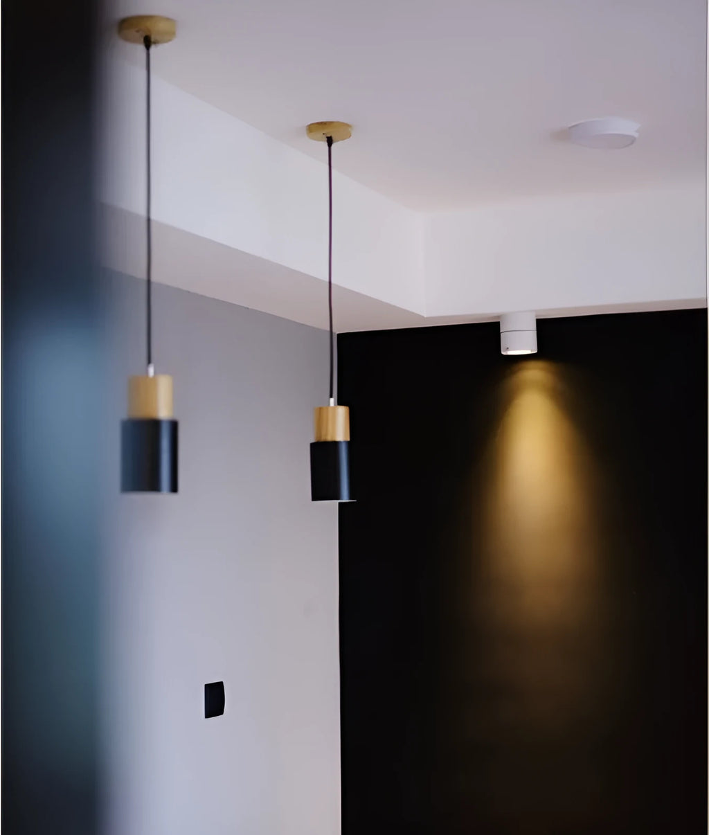 Compact wooden pendant light with wrought iron frame in black 10cm wide 18cm tall for island bar