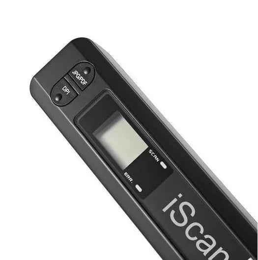 Portable handheld A4 scanner in black, measuring 255 x 28 x 25 mm, with CIS sensor and USB cable.