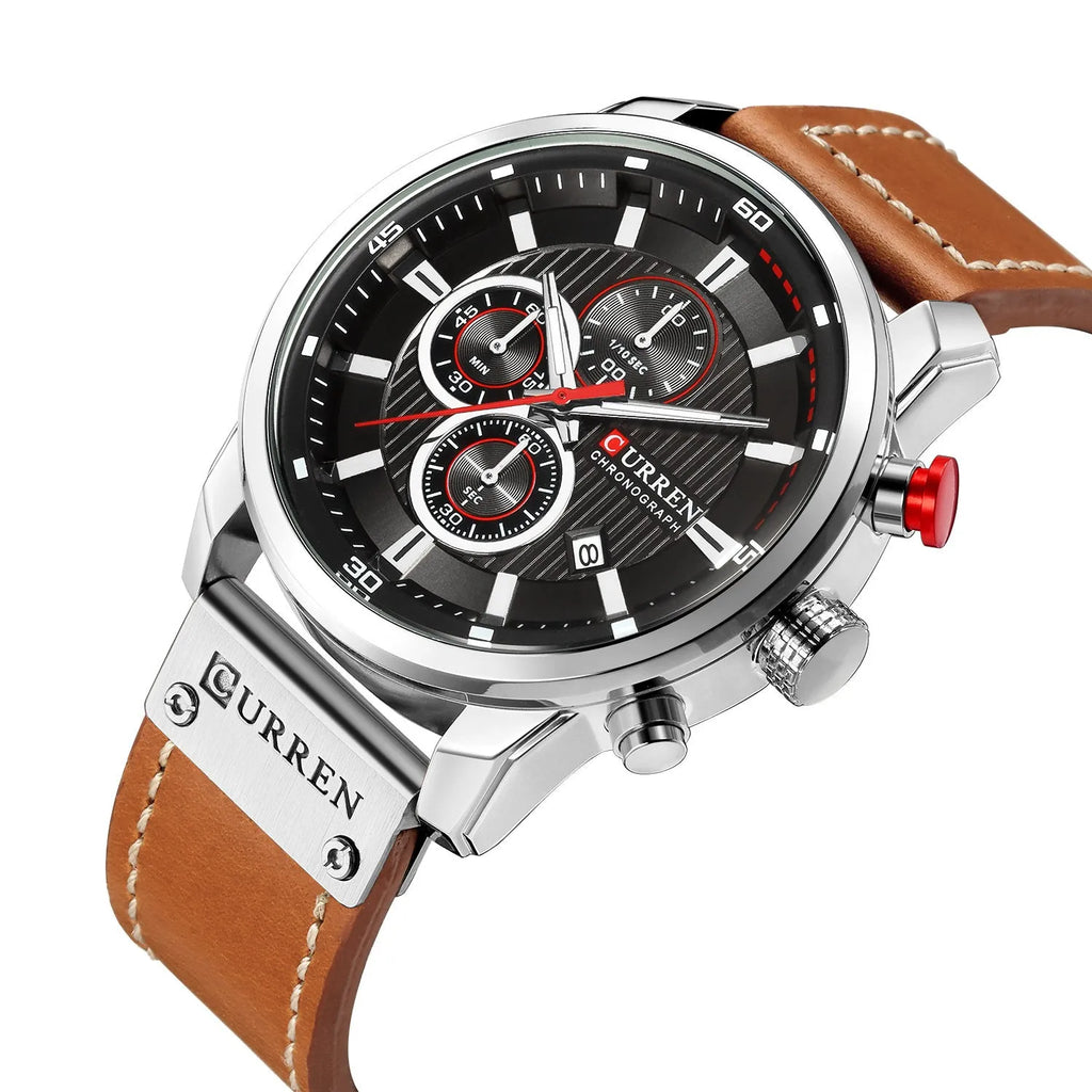Men's waterproof quartz chronograph watch with 47mm dial, 14mm thick case, leather strap and titanium pin buckle