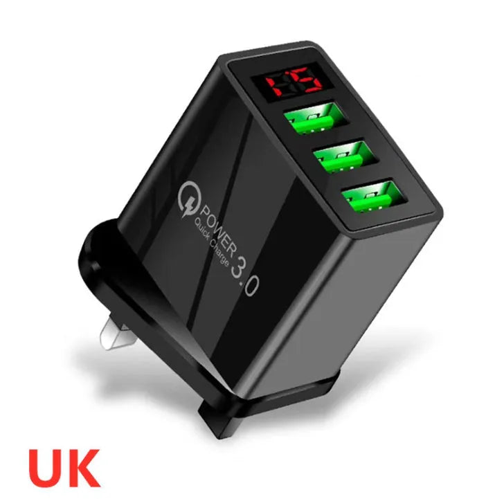 Black LED USB charger with Qualcomm Quick Charge, universal compatibility for phones and tablets