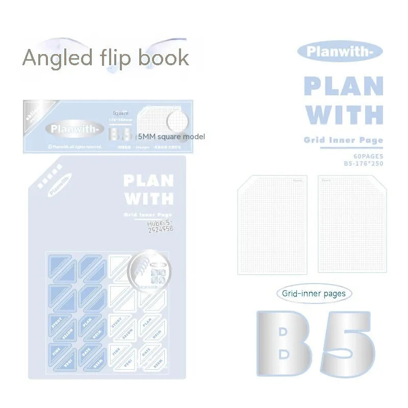 Oblique angle bound notebook in A5 or B5 size with a blue plaid or white cover, open to show pages.