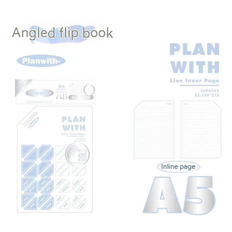 Oblique angle bound notebook in A5 or B5 size with a blue plaid or white cover, open to show pages.