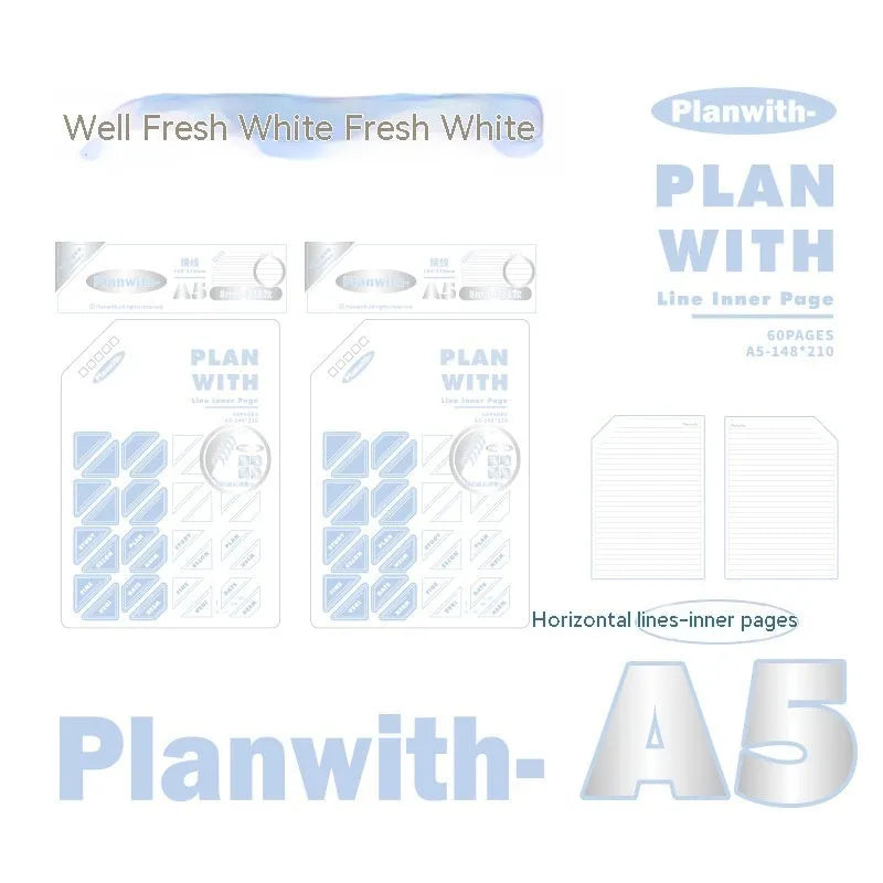 Oblique angle bound notebook in A5 or B5 size with a blue plaid or white cover, open to show pages.