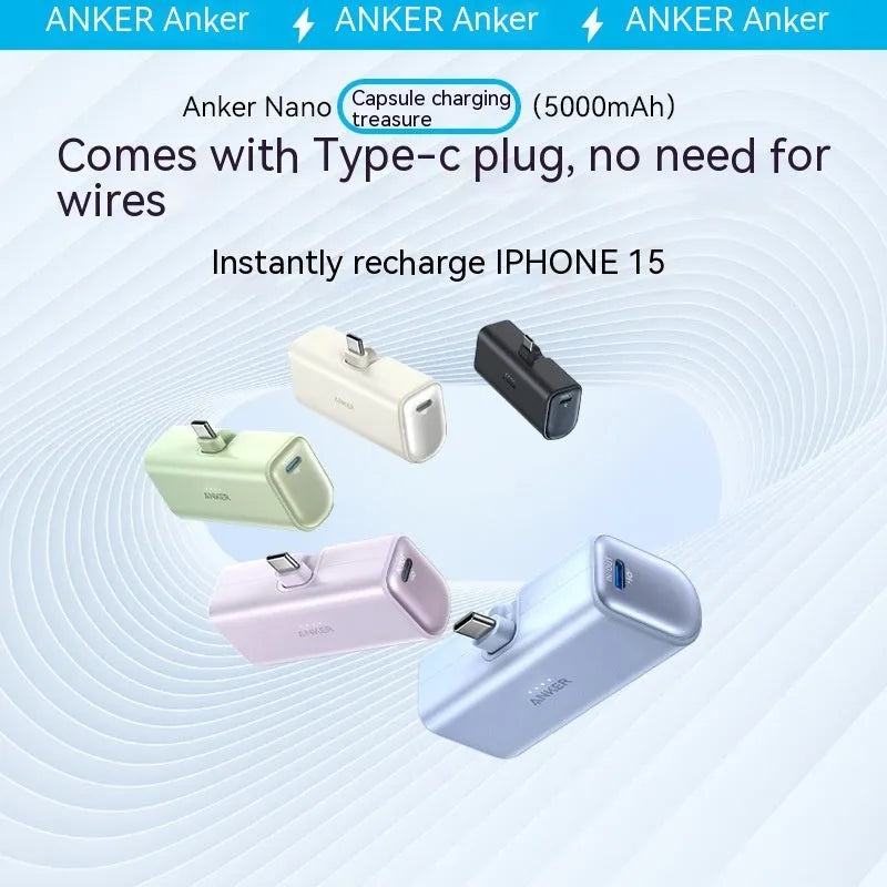Small capsule-shaped power bank in various colours showing its foldable USB-C connector.