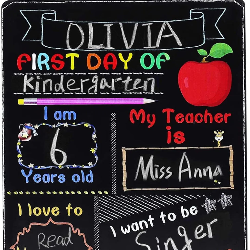 Modern wooden blackboard sign for first day of school, 25.5 by 30 centimetres.