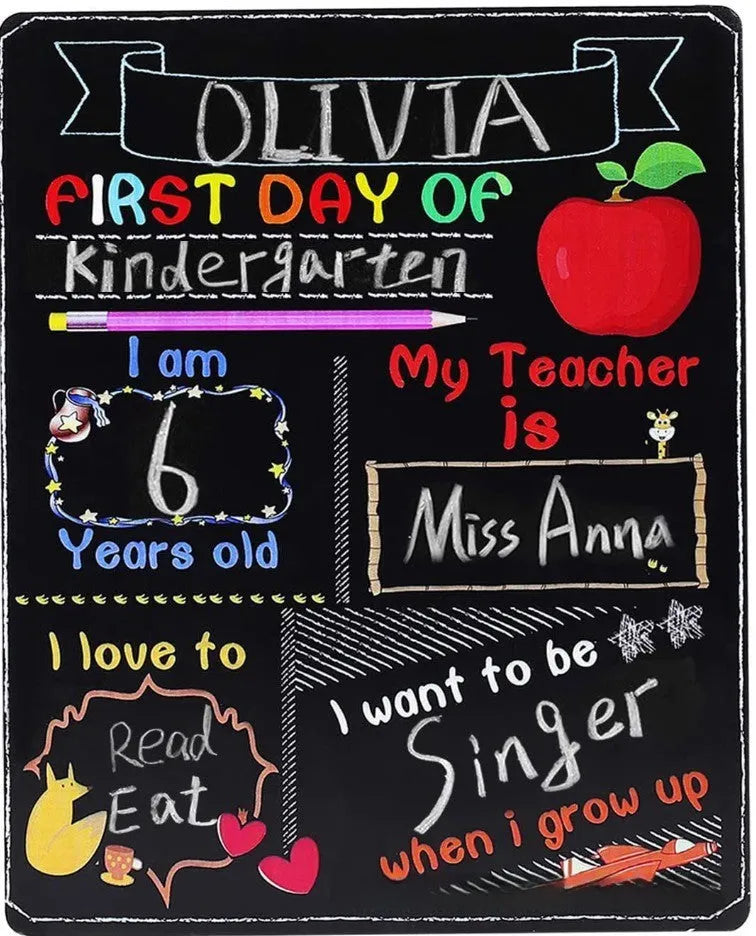 Modern wooden blackboard sign for first day of school, 25.5 by 30 centimetres.