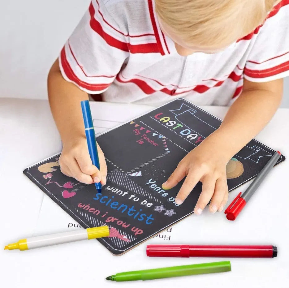 Modern wooden blackboard sign for first day of school, 25.5 by 30 centimetres.