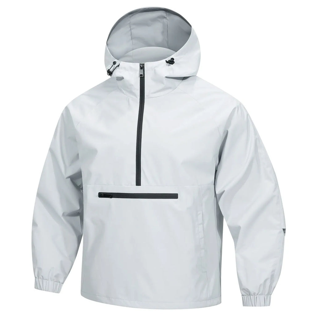 Man wearing a light grey loose-fit corduroy half-zip hooded jacket in Korean style.