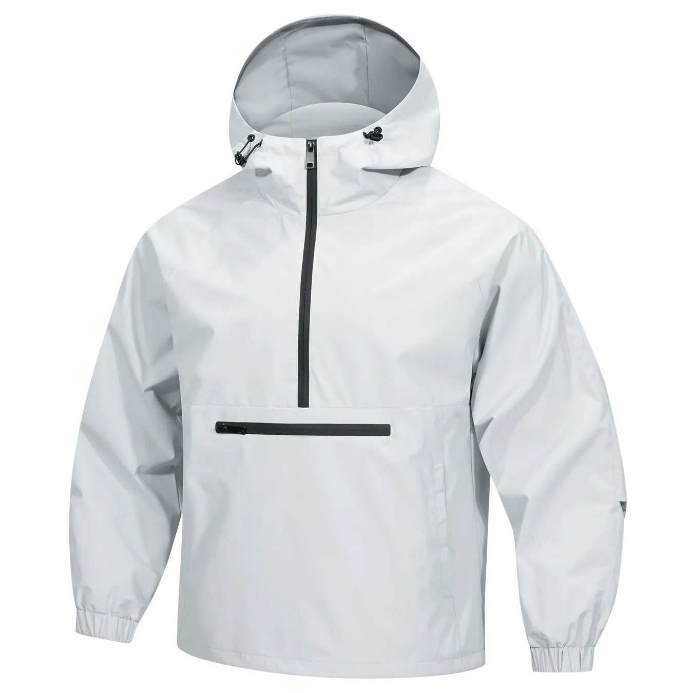 Man wearing a light grey loose-fit corduroy half-zip hooded jacket in Korean style.