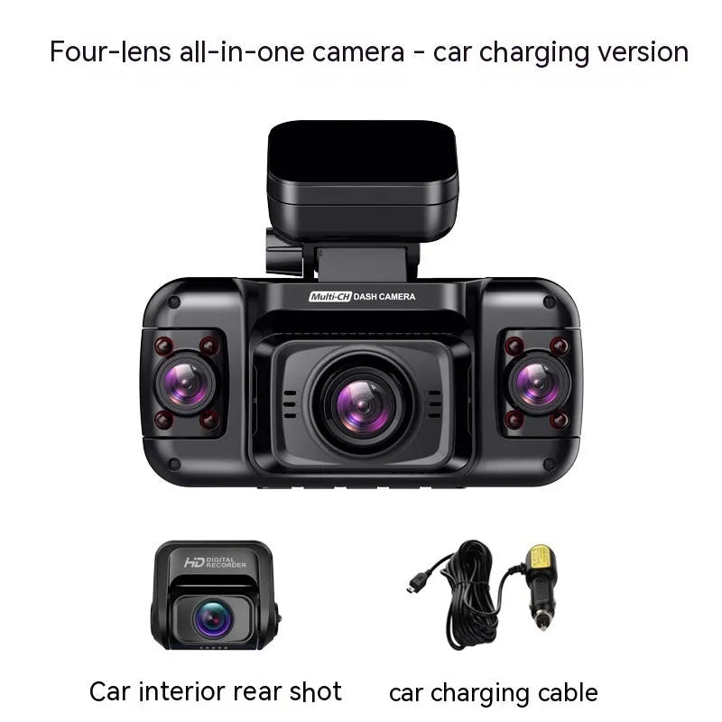 Multi-lens car dash cam with plastic housing, showing a 2-inch screen and button controls.