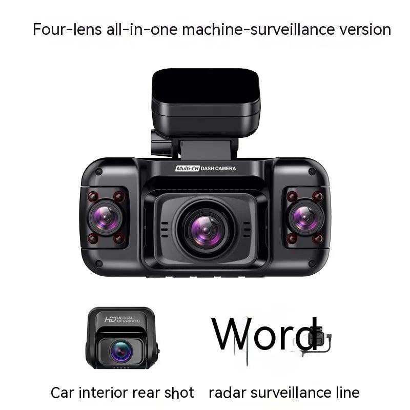Multi-lens car dash cam with plastic housing, showing a 2-inch screen and button controls.