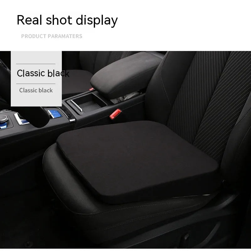 Black car seat cushion for height adjustment measuring approximately 42x39x6cm