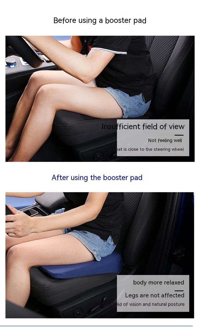 Black car seat cushion for height adjustment measuring approximately 42x39x6cm