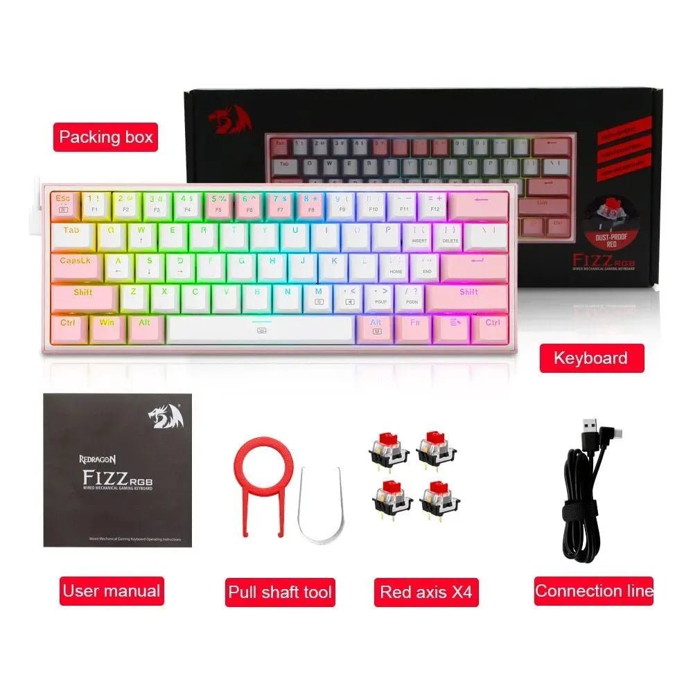 Fizzgear K617 white pink RGB mechanical keyboard with dual keycaps and multimedia controls