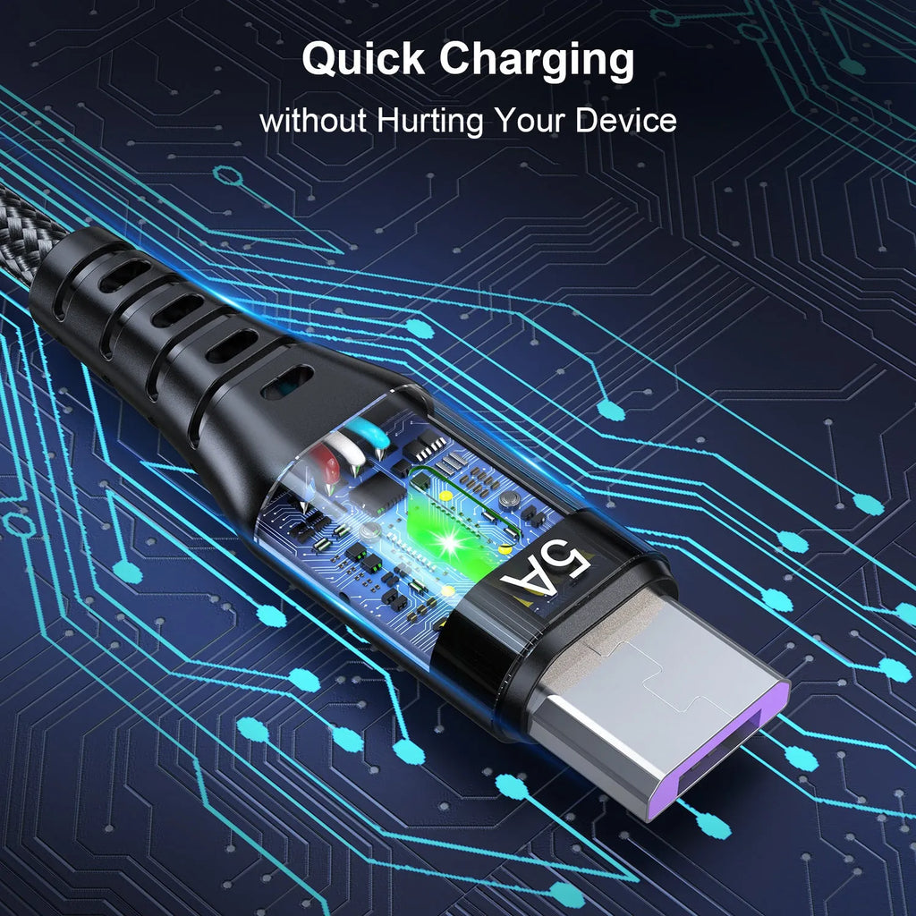 Braided data cable with green light stripe for Android and Type-C, available in black, blue, purple, red and lengths 0.3m to 3m